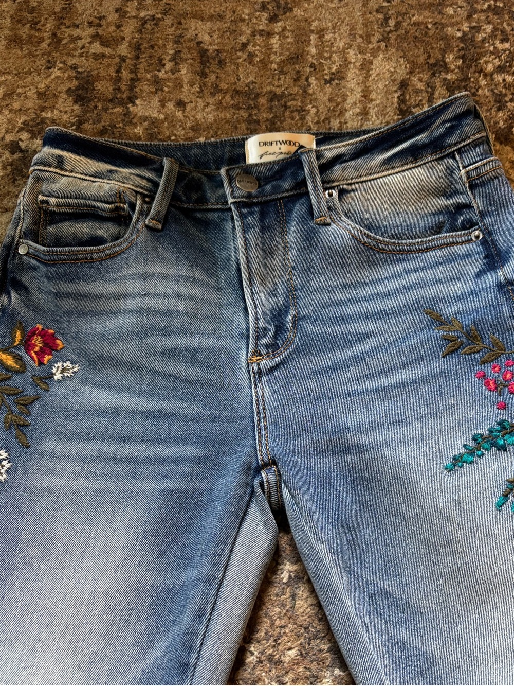 Driftwood X Free People Farrah 24x34 Embroidered Floral Flare Denim Pants - Picture 5 of 11